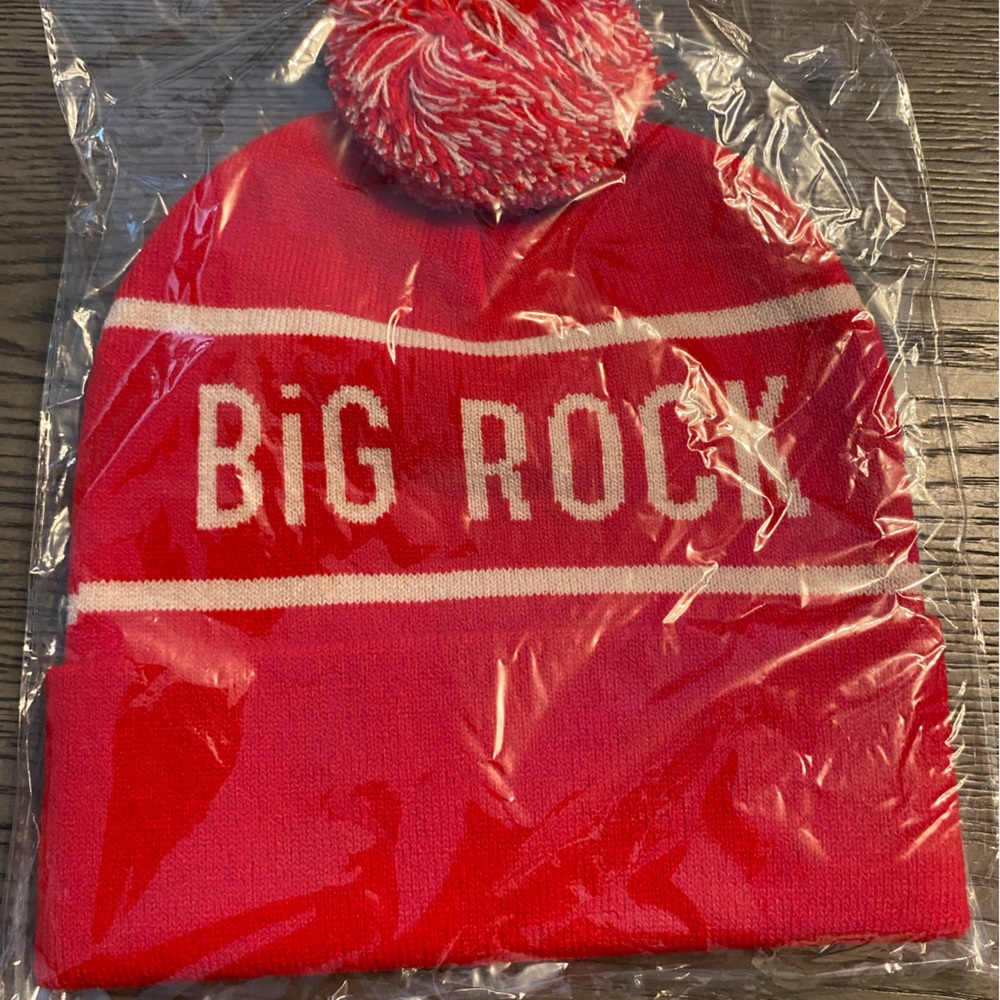 Red Beanie with White Text and Pom Pom